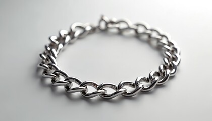 Obraz premium Elegant silver chain bracelet detail. Polished links on white background, jewelry accessory. Modern, minimalist design, perfect gift. Stylish metal adornment. Fashionable accessory for men and women.