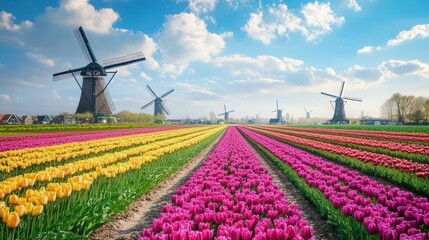 A colorful tulip field with windmills against a blue sky in the Netherlands.