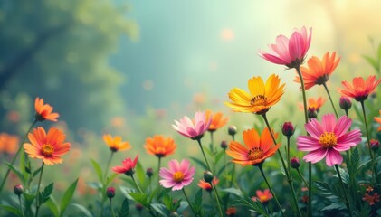 Repeating motif of stylized wildflowers, soft focus , nature, wallpaper