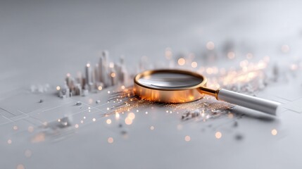 A glowing magnifying glass highlights a digital graph in a, white void, representing innovative business insights and analysis
