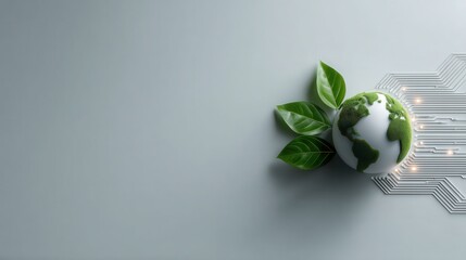 glowing Earth symbol with circuit lines and leaves in a white void, embodying global digital sustainability and ecoinnovation