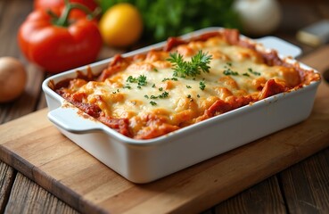 Lasagna in white catering dish with fresh vegetables on wooden table. Italian cuisine with melted cheese. Homemade, delicious dinner. Comfort food concept, perfect for catering menus or cooking blog.