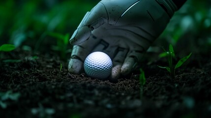 Robotic hand placing golf ball in dark earth