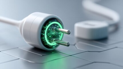 digital illustration of a glowing plug linked to a green energy symbol in a white void, representing clean power integration