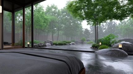 Ingelijste posters Ziekenhuis Minimalist bedroom overlooking serene mountainous landscapes with floor-to-ceiling windows and natural rock walls  © lililia