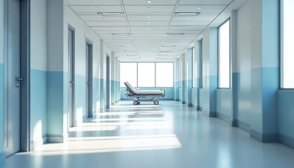Fototapeta premium Modern hospital corridor with emergency bed in ward. Empty hall with doors, windows. Health care facility, clinical interior, clean design. Contemporary architecture, medical concept.