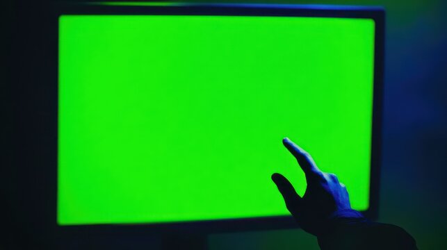 Hand points to a green screen on a dark monitor in a modern style studio.