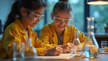 Young students girls performing chemistry science experiment. Girls wear lab coats, goggles, glassware. Science, technology, engineering, mathematics education concept. STEM learning, hands-on