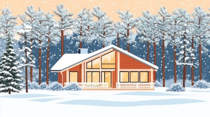 Cozy cabin in snowy winter forest landscape.