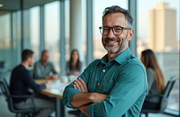 Plakat Mature businessman smiles at camera during office meeting. Confident leader, wearing glasses, poses with arms crossed. Business portrait. Corporate executive at workplace.