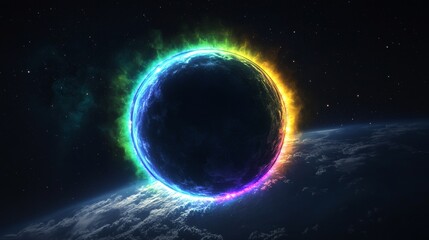 Obraz premium Rainbow Planet Cosmic Composition, Dark Orb with Neon Glow, Space Fantasy Space art, digital painting