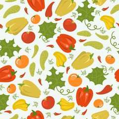 Ripe vegetables. Garden harvest seamless pattern. Fresh cucumbers and tomatoes. Peppers crop. Repeated print. Healthy vegetarian food. Organic products. Paprika leaves. Vector background