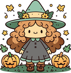 Fototapeta premium A cute little witch girl with fluffy light brown hair.