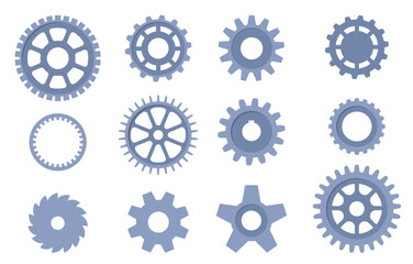 Metal mechanical gears. Silhouette cogwheels. Engineering construction. Engine repair. Mechanism assemble. Industrial equipment. Spinning cog wheel icon. Vector flat rotate circles set