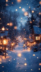 Obraz premium Snowy village street, glowing lanterns, winter night, festive mood, holiday card