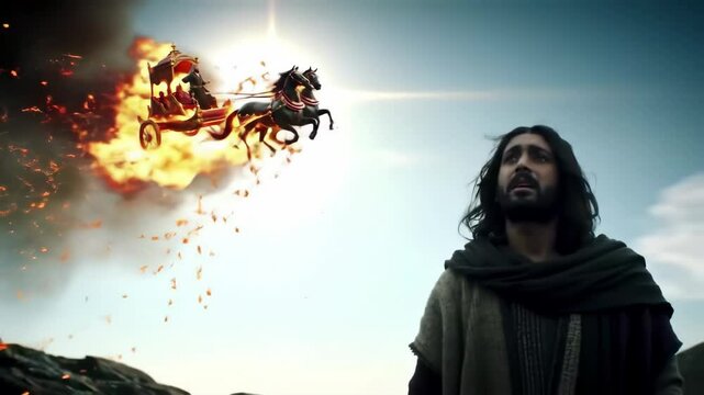Man Witnessing Fiery Chariot Ascent Dramatic Scene Historical Religious Narrative