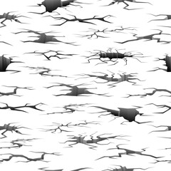 Large and small cracks in ground. Asphalt or dirt road splits seamless pattern. Repeated print. Earthquake damaged surface. Destruction cleft. Floor fissures and holes. Vector background
