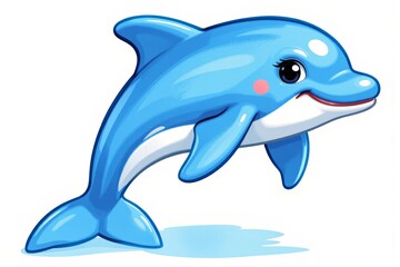 Obraz premium A blue cartoon dolphin with a white underbelly and pink blush on its cheek is jumping out of the water with a smile isolated on White Background
