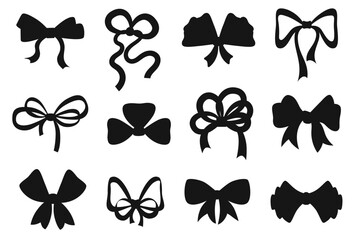 Fototapeta premium Festive ribbon. Holiday bows for decorating gifts or hair on head. Elegant satin tied knots. Birthday celebration. Present wrapping. Hairstyle silk accessory. Vector black silhouettes set