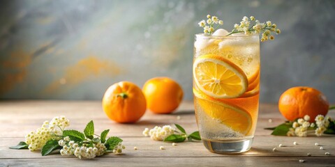 Refreshing Citrus Beverage with Ice and Flowers on Wooden Table