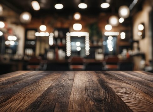 Dark wooden table in blurry barbershop background.