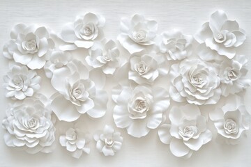Intricate arrangement of white, textured paper flowers