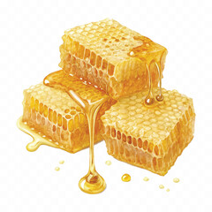 realistic smooth glossy honeycombs with liquid honey drops isolated on transparent background