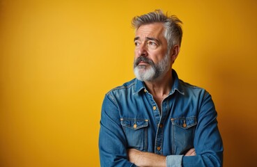Fototapeta premium Middle-aged man denim shirt looks thoughtful. Mature, grey-haired person expresses doubt. Serious face expression against yellow background. Concept of business, thinking, problem solving.