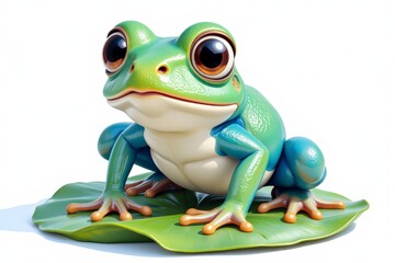 Obraz premium Adorable Cartoon Frog Sitting on Lily Pad 3D Render Cute Amphibian Green and Blue Big Eyes
