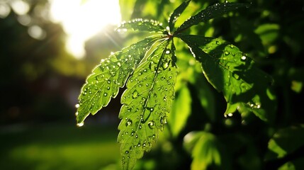Sunlit Dewdrops on Lush Green Leaves