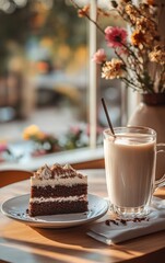 Delicious chocolate cake slice and creamy latte on a cafe table by the window.