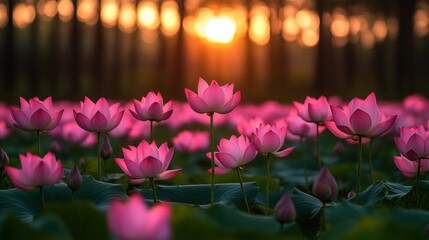Pink lotus blossoms in sunrise