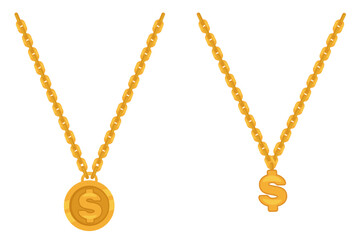 Dollar sign in round medallion on large gold chain. Luxury accessory. Rap and hip hop fashion. Precious metal necklace. Jewel bracelet with currency icon. Vector golden jewelries set