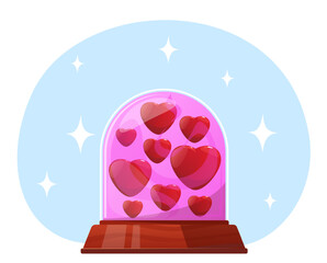 Crystal ball with red hearts inside. Valentines Day gift. Love relationship. Glass sphere on stand. Romantic date. Bubble shape on base. Wedding anniversary souvenir. Vector holiday present