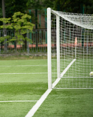A soccer ball approaches the goal post on a vibrant green field. The well-maintained turf is bordered by trees, creating a lively backdrop for the action taking place under clear skies