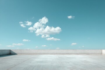 Minimalist scene showing a vast empty concrete surface under a clear sky with scattered clouds and a single white wall on the right.