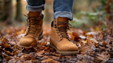 Person in brown boots walking on a forest path covered with fallen autumn leaves, showing outdoor activity and seasonal beauty footage. - Powered by Adobe