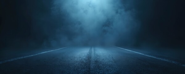 Dark, atmospheric road. Blue neon light. Smoky environment. Abstract background, night, travel, journey, fog, rain. Conceptual photo, perfect for mystery, thriller, cyberpunk, sci-fi art, horror film.