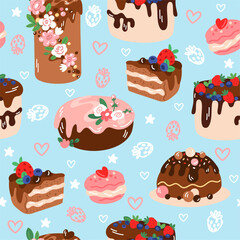 Celebration pies. Holiday pastry seamless pattern. Sweet fruit cakes with berry cream and chocolate glaze. Birthday food. Repeated print. Delicious confectionery. Vector background