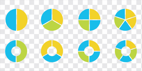 Circle division infographic icon set. Pie chart divided. Color pizza or donut round diagram. Infographic wheel segment and fraction. Vector illustration isolated on white background