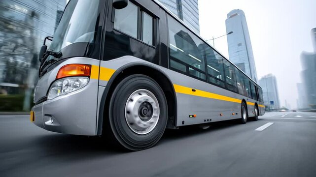 City bus moving on a multi-lane road with motion blur. Public transport or shuttle coach on an urban highway with tall buildings.