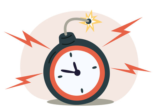 Bomb with burning wick and alarm clock face. Time counting down. Detonator timer. Grenade timepiece. Seconds to detonation. Explosion boom deadline. Minutes countdown. Vector concept