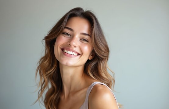 Portrait of happy confident Caucasian woman with glowing skin and positive smile. Brunette hair styled. Healthy face, perfect white teeth, natural beauty, wellbeing. AI generated image.