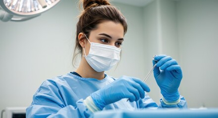 Focused Female Surgeon Preparing for Surgery in Operating Room