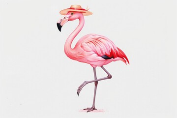 Obraz premium A pink flamingo wearing a beige sun hat on one leg, watercolor style illustration isolated on White Background