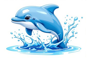 Obraz premium A blue cartoon dolphin jumping out of the water with splashes around it isolated on White Background