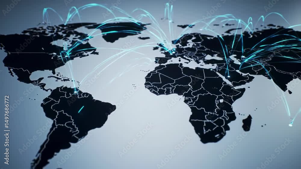 Poster global network animated world map connecting continents data transfer