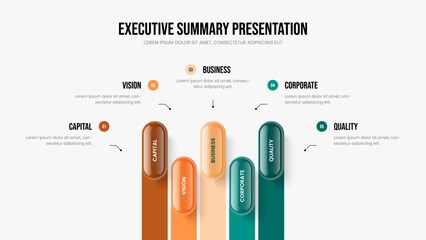 Project Profile Five Step Diagram Frame Design. Market Performance Slideshow Template Vector Illustration. Visual Visualization 5 Option Infographic Slide Layout.