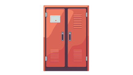 The image showcases a frontal view of a tall, rectangular, orange metal cabinet featuring two equally sized doors. The doors are equipped with simple, vertical, rectangular handles.
