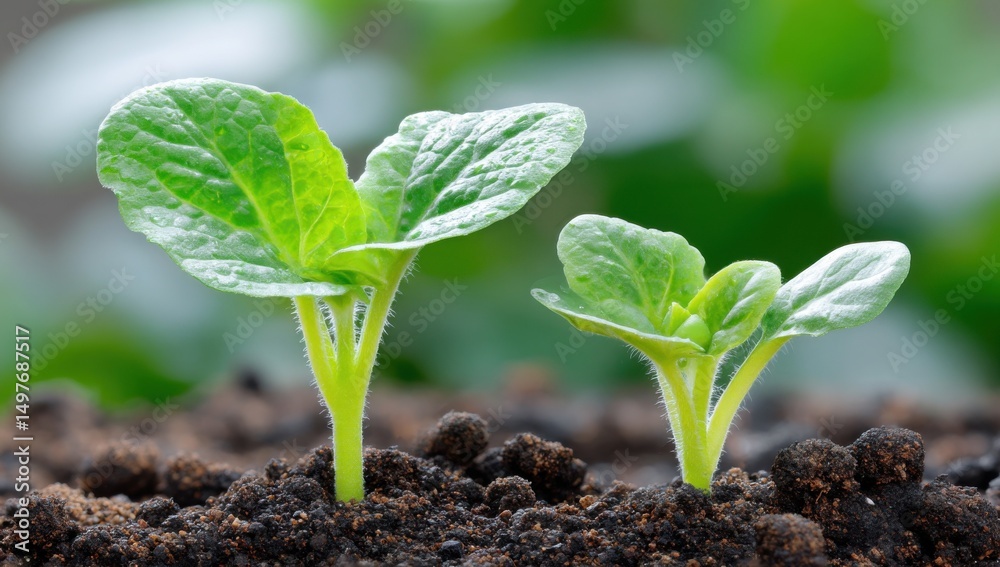Poster two young seedlings sprouting in soil, symbolizing growth and sustainable agriculture practices for 